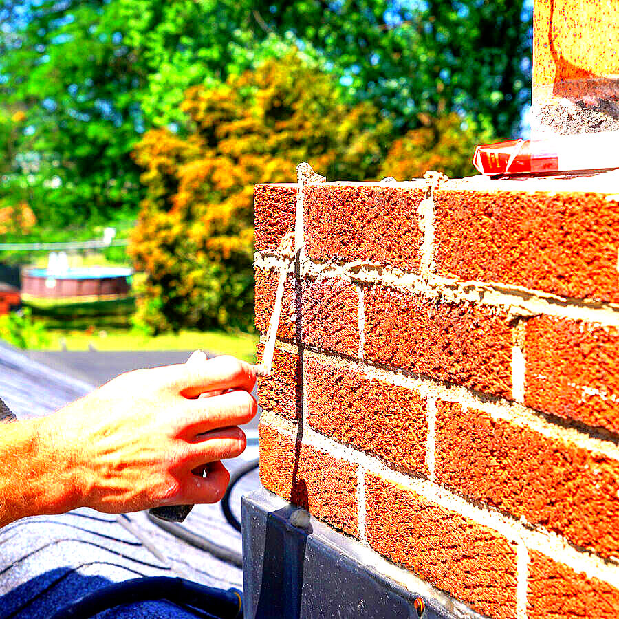 Close view of a chimney mortar joint being pointed